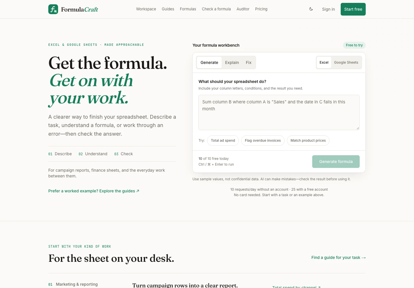 Dated public interface capture of FormulaCraft.