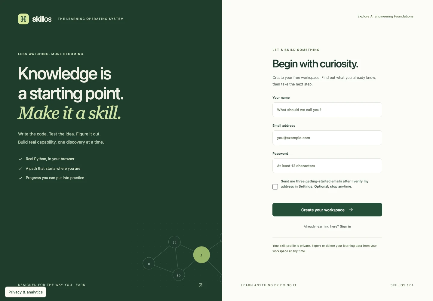 Dated public interface capture of the SkillOS preview.